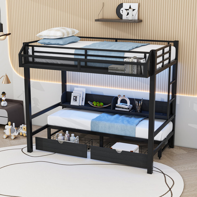 Lit superposé à deux tiroirs en métal avec ports USB, lumières DEL et tablettes, Noir, Très grand simple