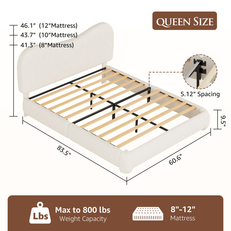  Beige Boucle Bed Frame with Upholstered Headboard, Soft Low Profile Sturdy Platform Bed with Rounded Corners Design, Heavy Duty, Wooden Slats, Noise Free, No Box Spring Needed, Queen Size