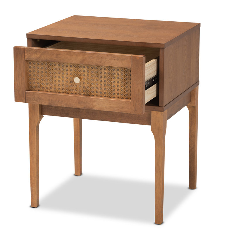 Bianaca Ramiel Mid-Century Modern Ash Wood and Rattan 1-Drawer Nightstand