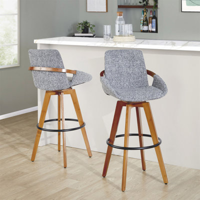 Tabouret de bar 29 po à hauteur fixe pivotant en bambou noyer et tissu gris avec repose-pieds rond en métal noir
