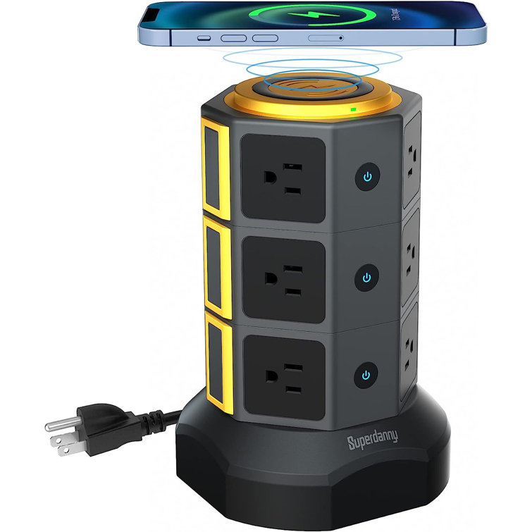 SUPERDANNY SD121091501 Power Strip Tower Surge 15W Magnetic Wireless Charger 12 AC Outlets 6 USB Ports 6.5ft Extension Cord Color: Gold