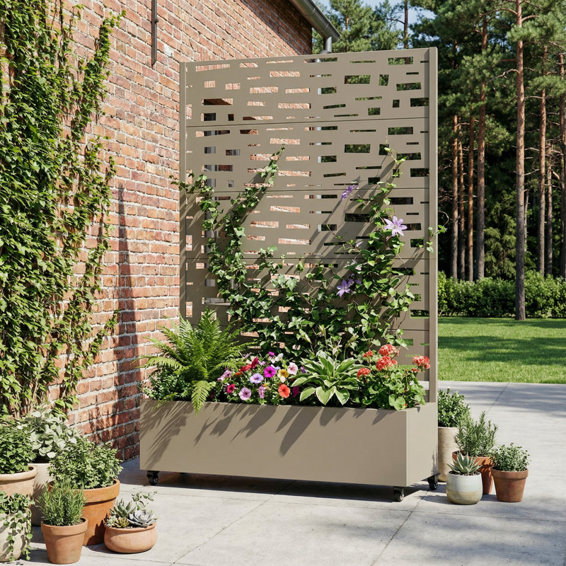 Boîte à fleurs en métal avec treillis et roues, H 72 po x l 47 po x P 16 po, Gris olive
