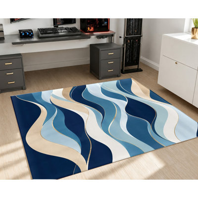 Tapis à motif vague abstrait, style moderne bleu beige et or, antidérapant, décoration intérieure artistique pour salon, chambre, entrée, cuisine, balcon, appartement