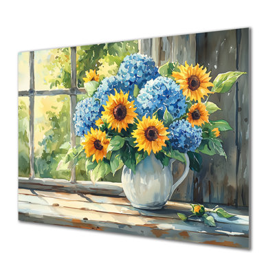 Hortensias et tournesols ferme II - reproduction d'art traditionnelle en métal, hydrangées en métal