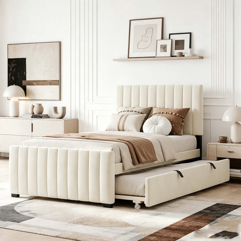 Lit plateforme tapissier en velours avec lit gigogne simple, Beige, Simple
