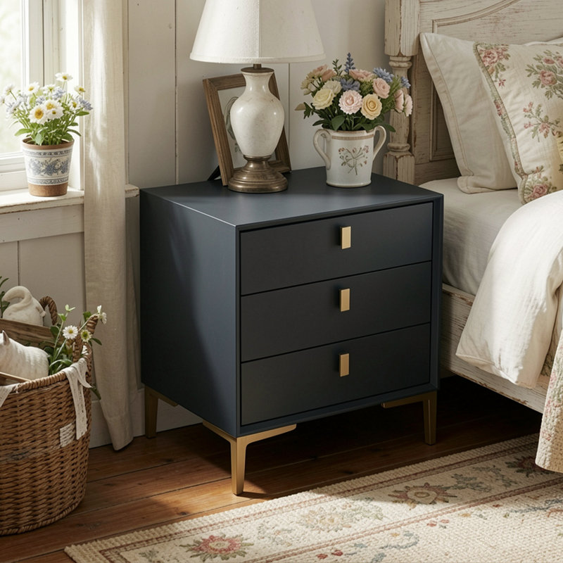 3 - Drawer Nightstand With Metal Legs, Dark Blue