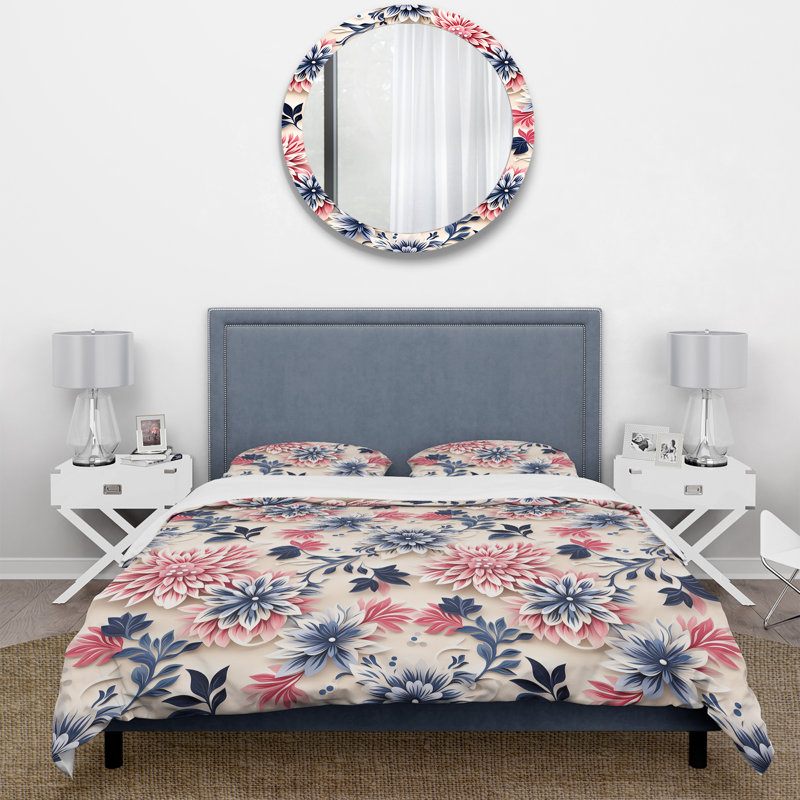 Ensemble de housse de couette à motif floral damassé bleu, rose et blanc, Housse de couette pour très grand lit et 2 très