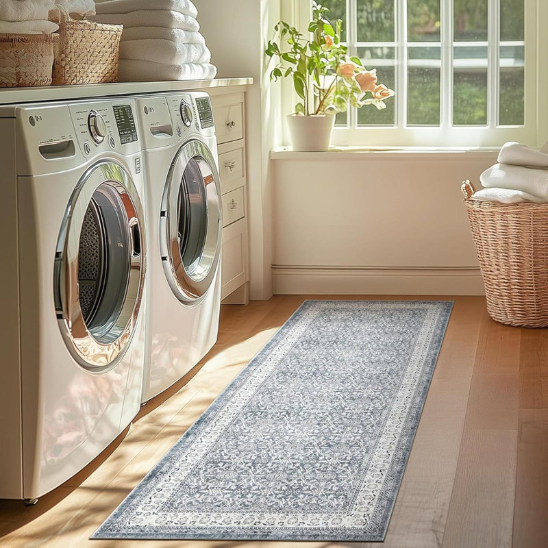 Floral Runner Rug Machine Washable Grey Vintage Distressed Design Soft Non Slip Low Pile Ultra Thin Runner Rug For Kitchen Hallway Laundry Room Entryway Farmhouse