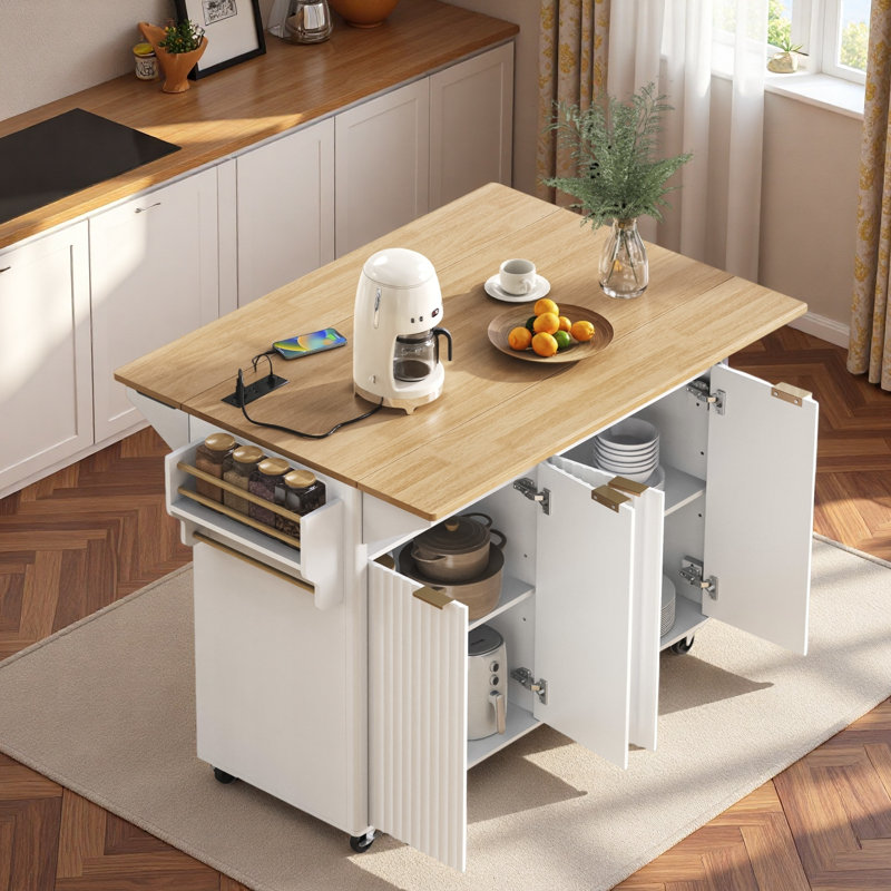 Fluted Kitchen Island With Drop Leaf, Power Outlet, Towel Rack, Spice Rack And Open Compartment, White/Brown