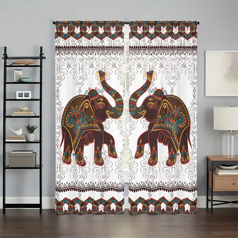 2Pcs Indian Elephant Print Curtains Bohemian Style Rod Pocket Window Drapes Colorful Mandala Pattern Background Polyester Material Living Room Bedroom Dining Kitchen Home Decor