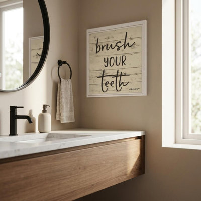 «Brush your T dents», art mural encadré blanc pour salle de bain