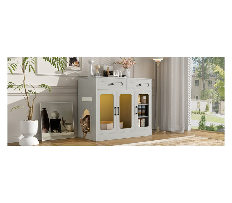 Large Hidden Cat Litter Box Enclosure Cabinet with Glass Door, Side Access, Built-in Light & Storage Drawers, Gray Wood Grain Finish