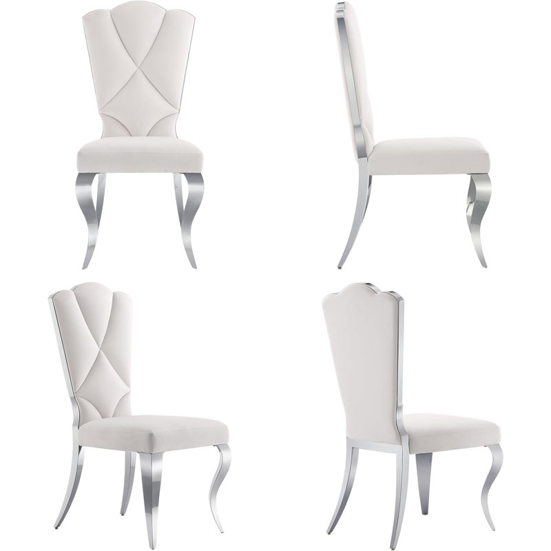 Ensemble de 6 chaises de salle à manger en velours blanc avec pieds en métal argenté miroir, 4