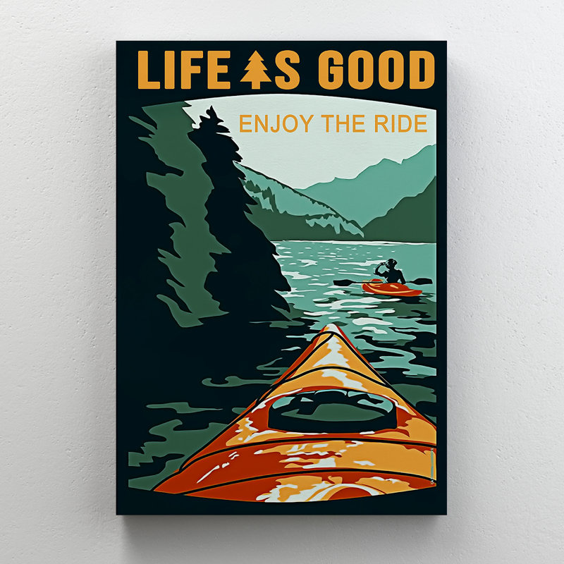 Bateau sur un lac vert - «Life Is Good Enjoy The Ride», toile tendue avec cadre de transport, décor de salon vert et orange