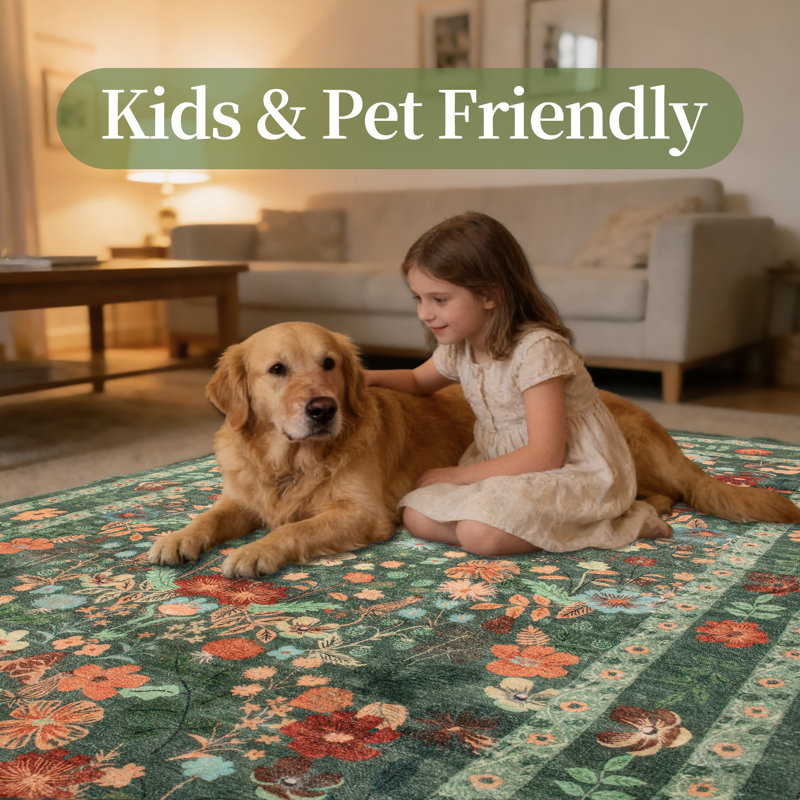 Green Floral Area Rug Retro Bohemian Style Machine Washable Non-Slip Living Room Rug Soft Bedroom Mat Indoor Home Decor