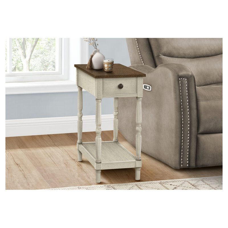 Table d'appoint traditionnelle à 2 niveaux avec tiroir de rangement - table de bout étroite pour le salon, table de chevet de chambre à coucher avec tablette inférieure, finition blanc antique