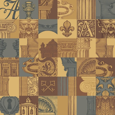 Gold Gray Vintage Architecture Fleur De Lis Classical Engraving Patchwork Repeat Wallpaper