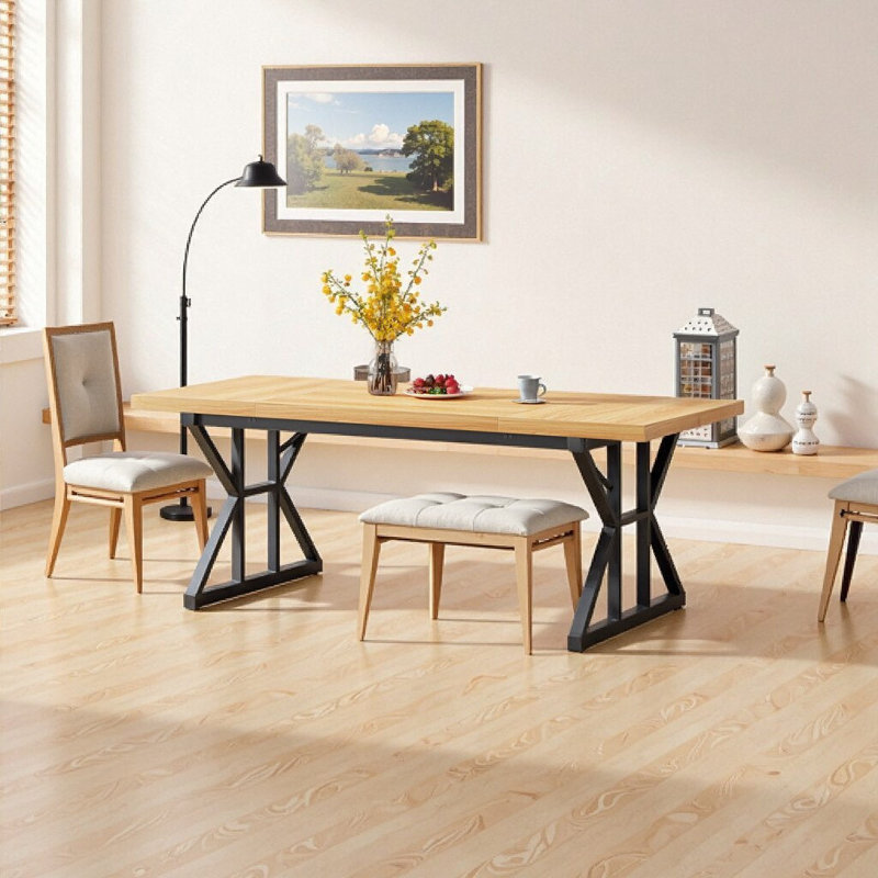 KELVIO 71" Farmhouse Dining Table for 6, Rustic Modern Rectangular Kitchen Table with X-Trestle Metal Base, Large Wood Top Dining Room Table for Family Gatherings & Home Office