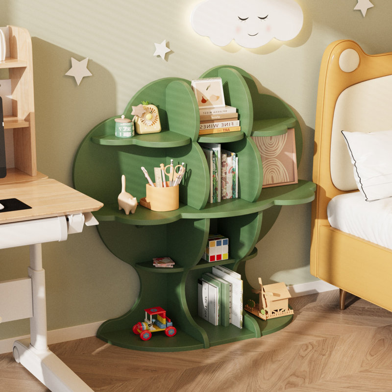 Genivive Tree Kids Bookshelf, Wood Bookcase, 12-Cubby Children Toy Storage Organizer Book Shelf, Baby Montessori Bookshelf and Toy Storage