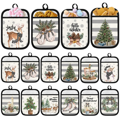 12 porte-casseroles d'hiver de Noël avec poche pour la cuisine Tapis de casserole de Noël Gants de four lavables à la machine Résistant à la chaleur Hot Pads Sac à biscuits pour la cuisson, la cuisson, le cadeau, 7 x 9 pouces