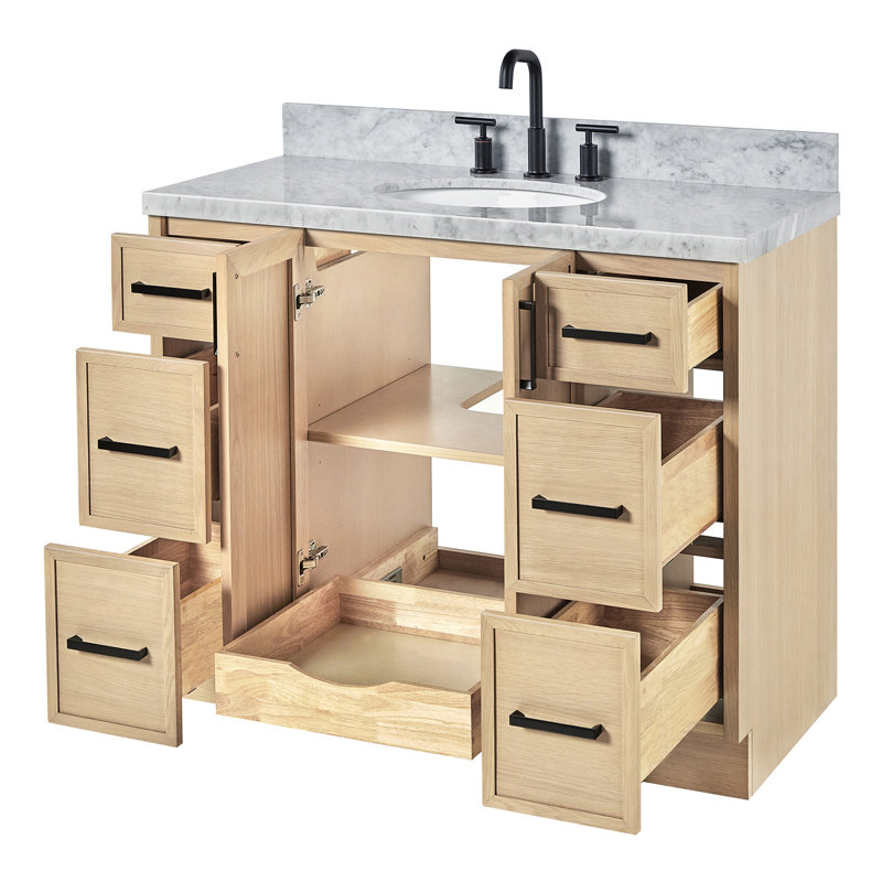 Ariel Kellie 43 Inch Single Oval Sink Bathroom Vanity With Italian Carrara Marble Countertop, Oak