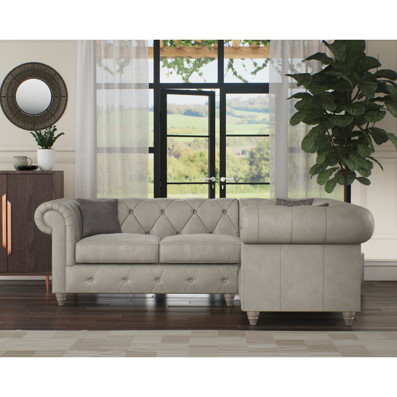 Melrose 3 Seater Leather Corner Sofa , Washed Oak, Right Hand Facing, Cloud Grey