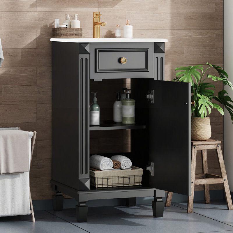Meuble-lavabo de salle de bain avec lavabo en céramique, ensemble de meuble-lavabo simple autoportant avec porte à fermeture douce, tablette réglable, style français