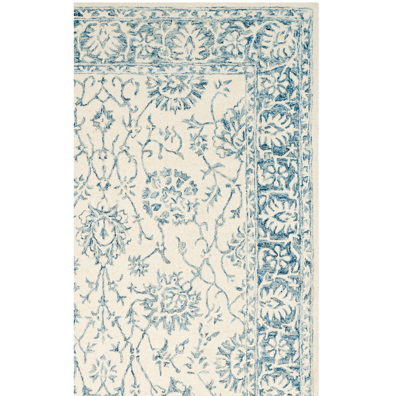 Tapis ivoire / bleu en laine / coton touffeté à la main Ferrera, Tapis de couloir 2 pi 3 po x 8 pi