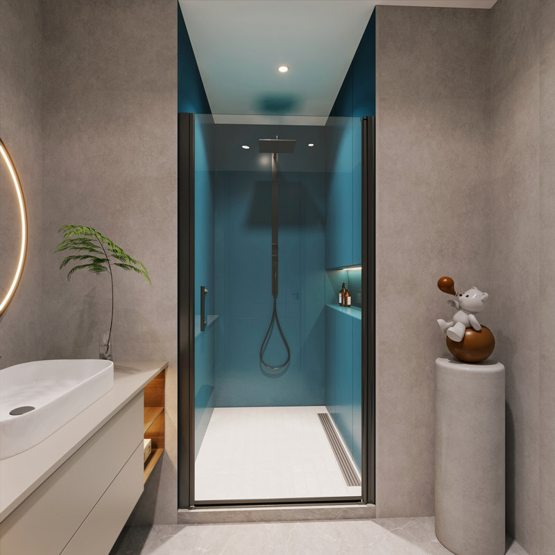 1 3/8" Adjustment,Universal Pivot Shower Door, Open Outside, With 1/4" Tempered Glass, Matte Black