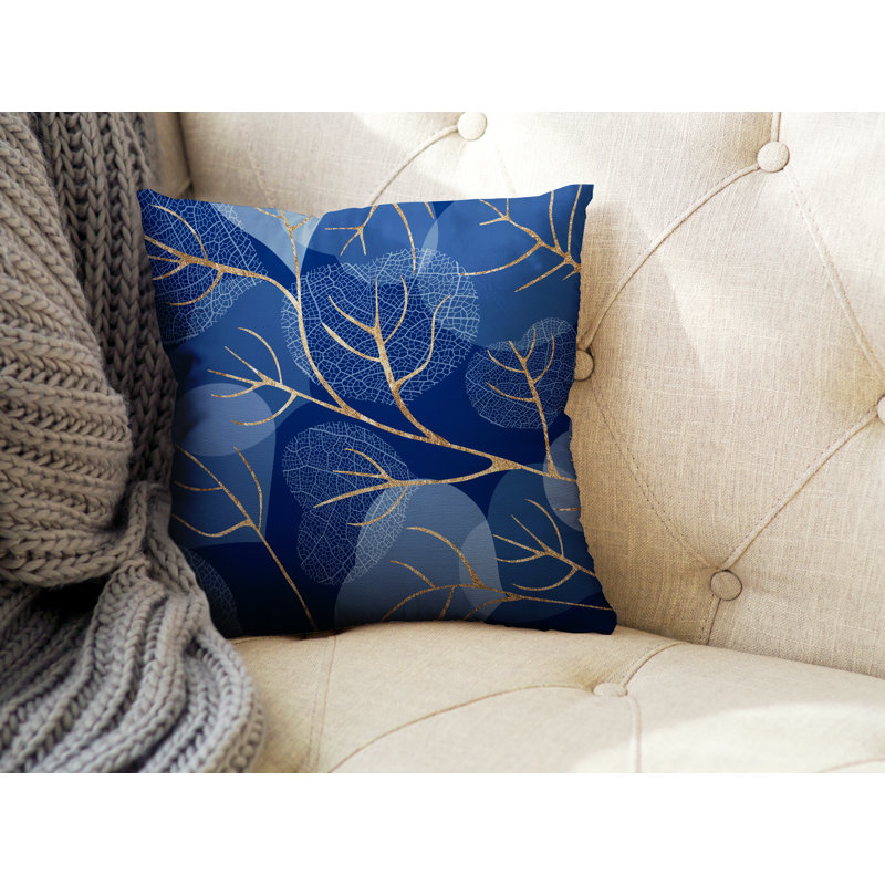 Coussin décoratif intérieur / extérieur Baka Leafs, 19 po x l 19 po, Bleu marine/doré