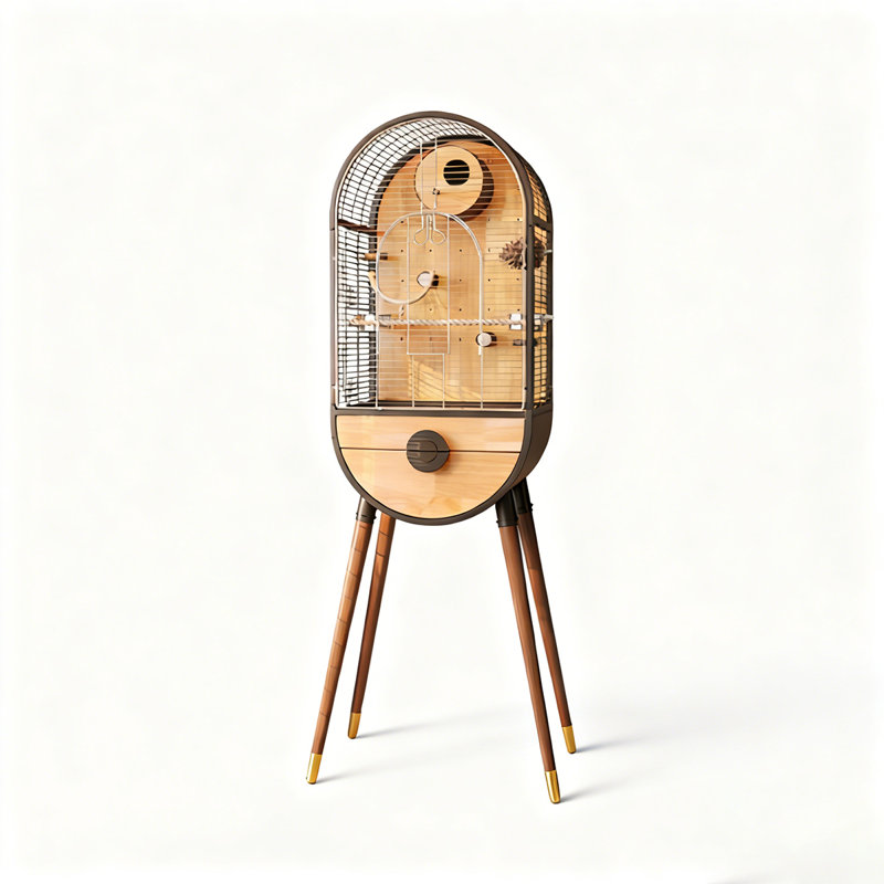 Minimalist Home Wooden Wire Bird Cage, Tall Freestanding Cockatiel Budgie Cage with Play Perch Inside