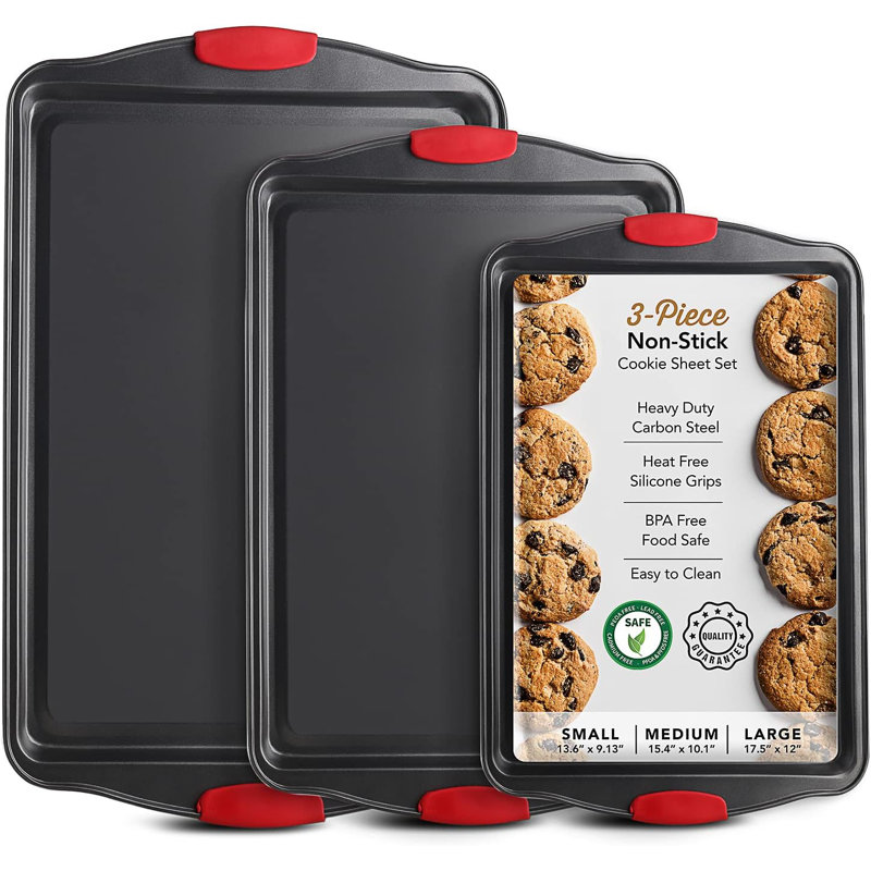Baking Sheet Set, 3-Piece Cookie Sheet Set With Silicone Handles, Steel Baking Pans Set, Durable Baking Sheets For Oven, BPA Free Cookie Sheets For Baking Nonstick Set, Sheet Pan