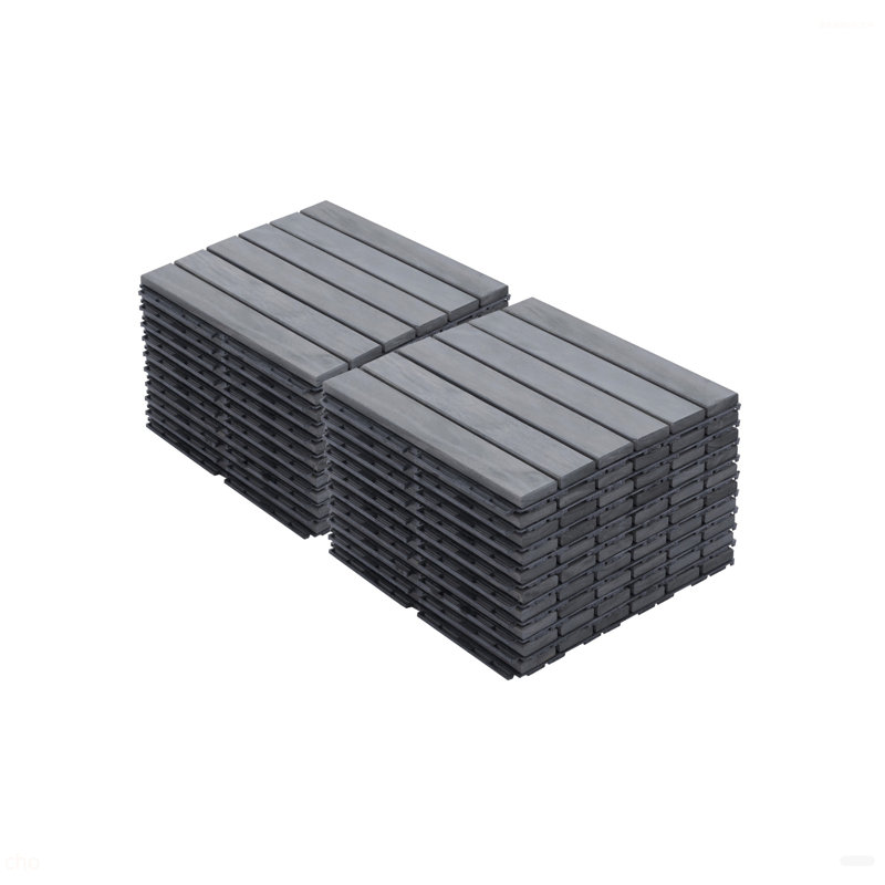 20 PCS Interlocking Deck Tiles Striped Pattern, 12" X 12" Square Light Grey Acacia Hardwood Outdoor Flooring For Patio, Bancony, Pool Side,...