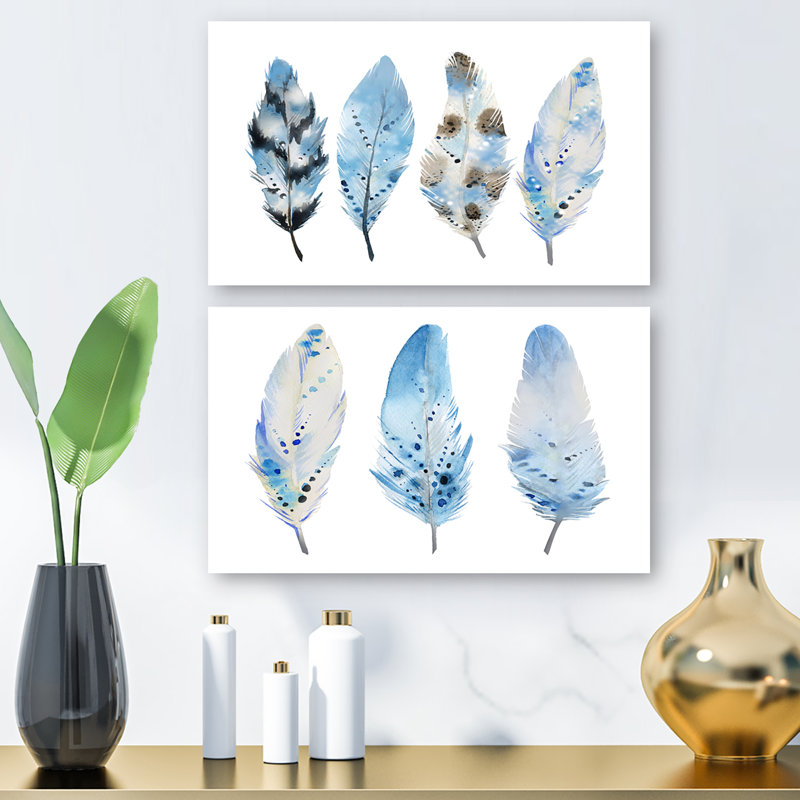 Blue Boho Feathers - Blue Boho Feathers - Ensemble de 2 peintures sur toile tendue, H 24 po x l 20 po x P 1 po