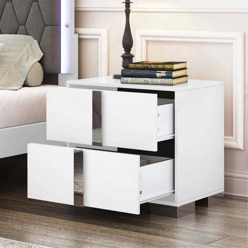 Table de chevet élégante avec pied en métal et table de chevet à miroir avec 2 tiroirs, Blanc