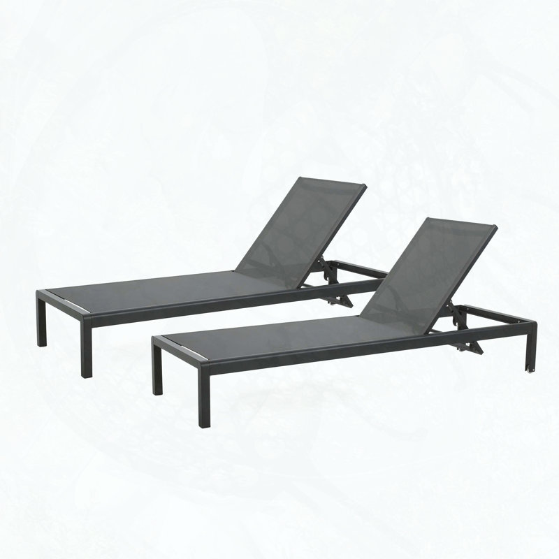 Ensemble de 2 chaises longues en aluminium avec filet et roulettes respirantes, dossier réglable, Noir/gris