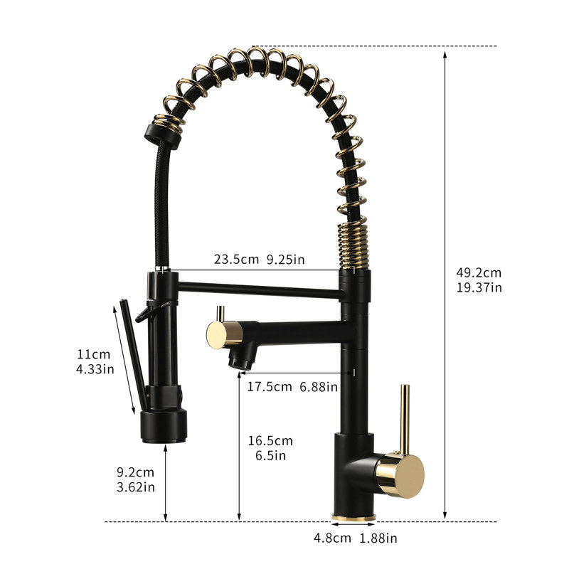 Black And Gold Kitchen Faucet With Pull Down , 360 Swivel, Single Handle Lever, For Sinks Faucet, 360-Degree Rotation, Gold, Handle, Contemporary Sink Use