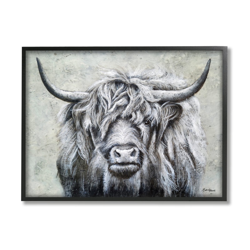 Bétail Highland patiné rustique - impression, Giclée encadrée noir minuit, H 11 po x l 14 po x P 1,5 po