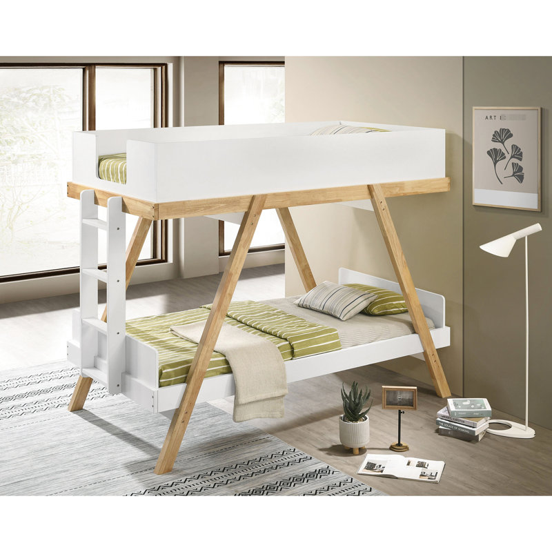 Modern Twin - Over Bunk Bed With White Finish, Rustic And Contemporary Elements, Angular Trestle Attached In Crisp White, Appeal, Natural Wood Accents, Rails For Siblings