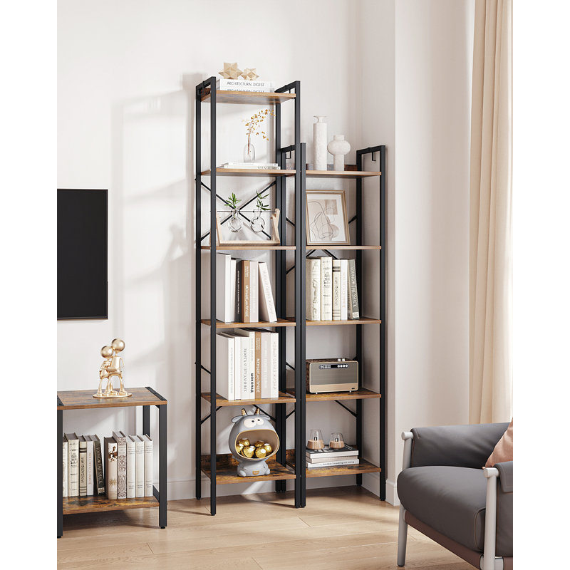 Everlene Bookshelf, Book Shelf, Industrial Bookcase with 2 Hooks, Coner Shelf Storage Organizer for Home Office, Living Room, Bedroom, Kitchen