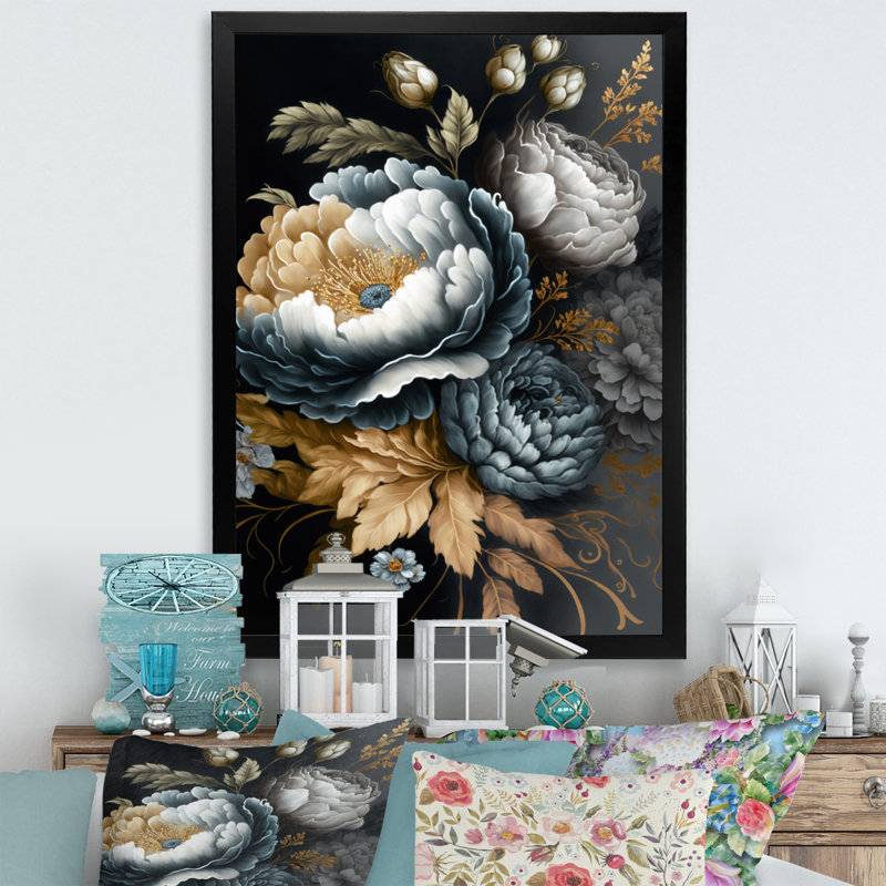 «Blue Blooming Bouquet I», impression sur toile, Cadre photo noir, H 44 po x l 34 po x P 1,5 po