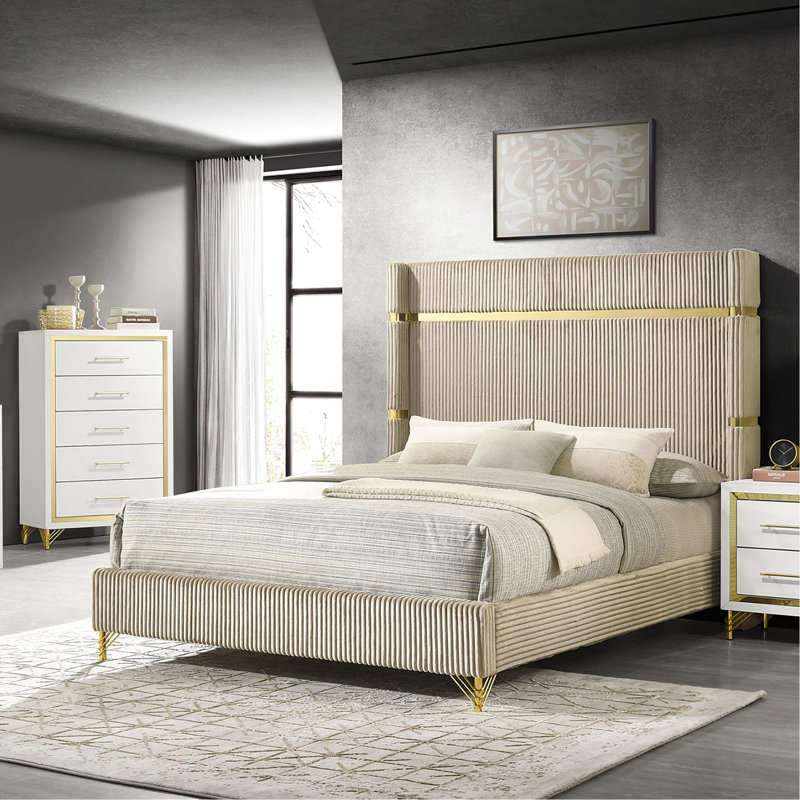 Queen Size Beige Upholstered Wingback Bed, Soft Channeled Fabric, Shiny Headboard Bands, Low , Retro Hairpin Feet For Bedroom Interior Evolution Fabric Upholstery, Bands On Headboard, - Inspired