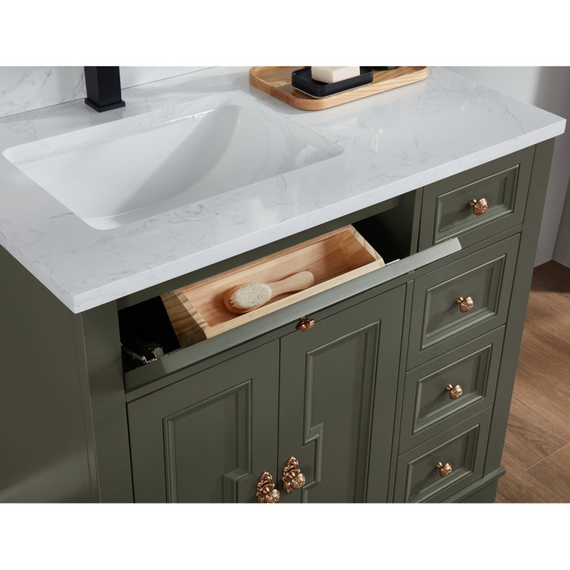 36" Solid Wood Sink Vanity  With 1' Artificial Stone Top, Pewter Green, Rose Gold
