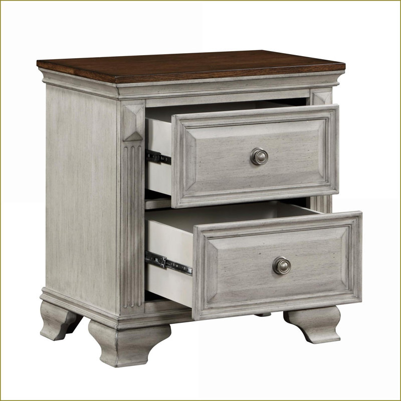 Table de chevet 2 tiroirs en placage de chêne à deux tons - gris et brun, sans assemblage