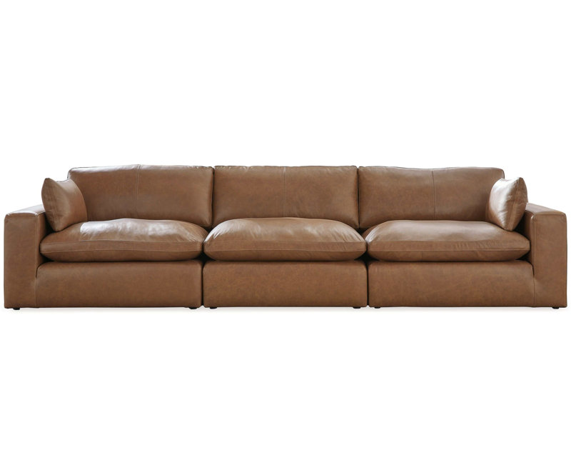 Causeuse modulaire en cuir caramel Emilia 2pc, H 36 po x l 138 po x P 41 po, 3