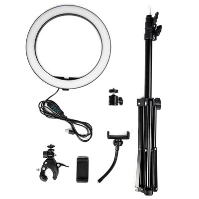 Ensemble d'anneaux lumineux, anneau lumineux extérieur à intensité variable de 10 po avec support pour trépied et support pour téléphone, anneau lumineux avec 3 lumières de couleur et 9 niveaux de luminosité pour un tournage autoportrait, H 50 po