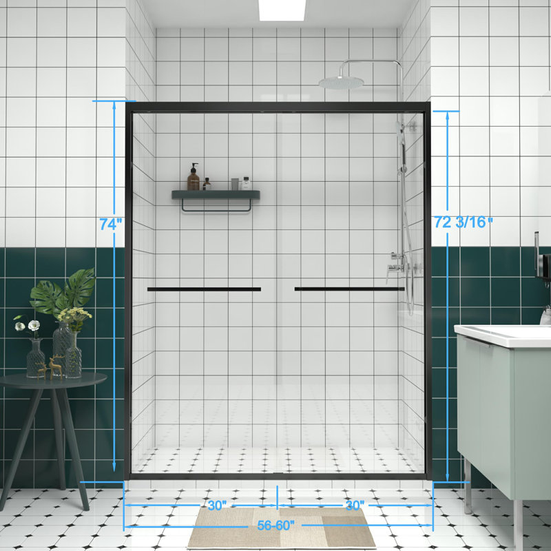56-60"x74" Aluminum Frame Double Sliding Shower Door,Bypass Bathroom Sliding Door with Premium 1/4" (6mm) Clear Tempered Glass, Black Hardware Sliding Glass Shower Enclosure,Matte Black Finished 