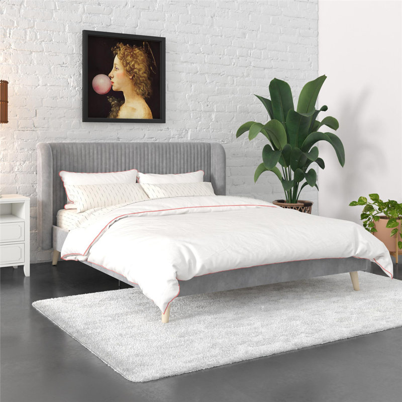 Grand lit plateforme tapissier Holly, Gris pâle