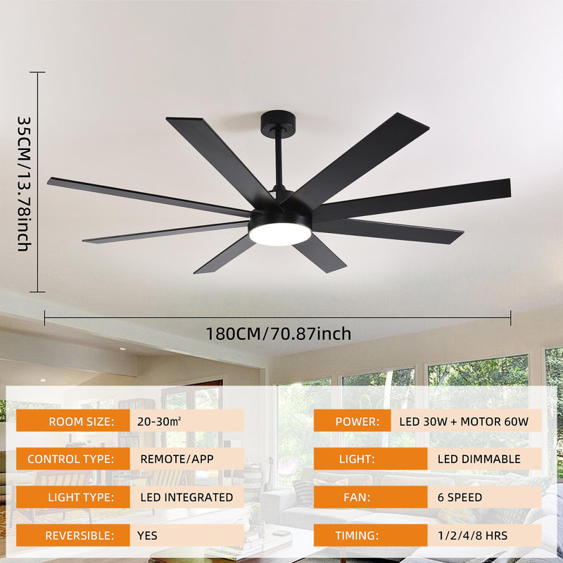 72" Ceiling Fan With Light, 6-Speed Remote Control, Reversible DC Motor, Modern 8 Blades With 6"/12"/19.5"  Downrods For Home Or Commercial Black/Walnut