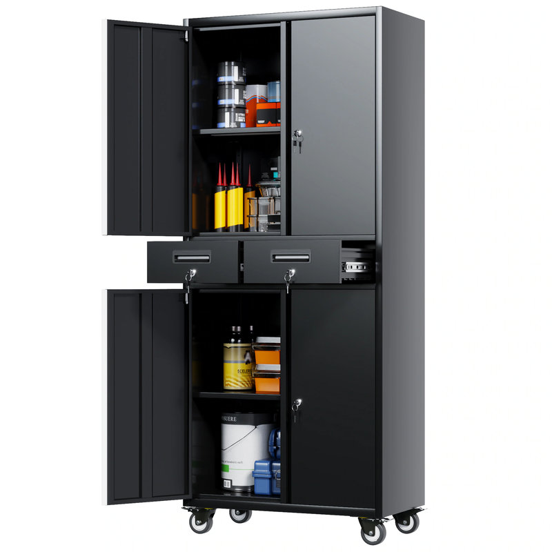 Armoire de garage avec portes verrouillables, armoire de rangement pour outils avec 4 roulettes et 2 tiroirs et tablettes réglables - Armoire de rangement roulante H 71 po pour garage, entrepôt, maison, bureau, école (noir)